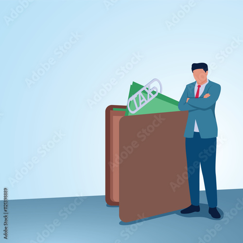 A man crosses his arms looking at money in a wallet with a tax clip. Illustration for paying taxes, tax deductions, taxable income.