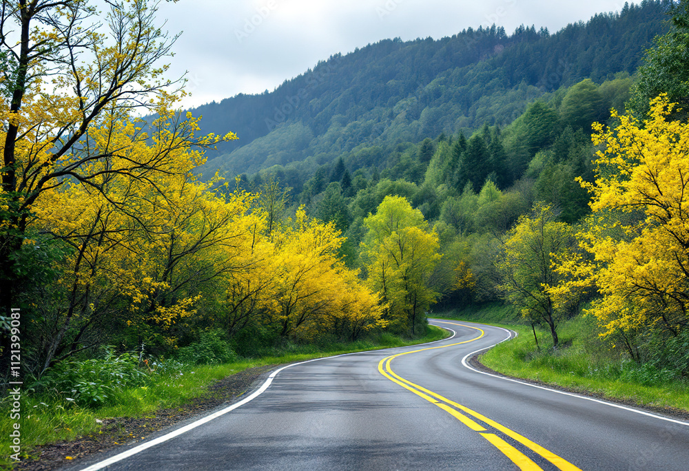 Fototapeta premium A winding road through a lush, green forest with yellow flowers blooming on the trees along the side of the road