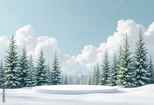 A winter landscape with green pine trees, white clouds, and a white podium or platform in the foreground against a light blue background