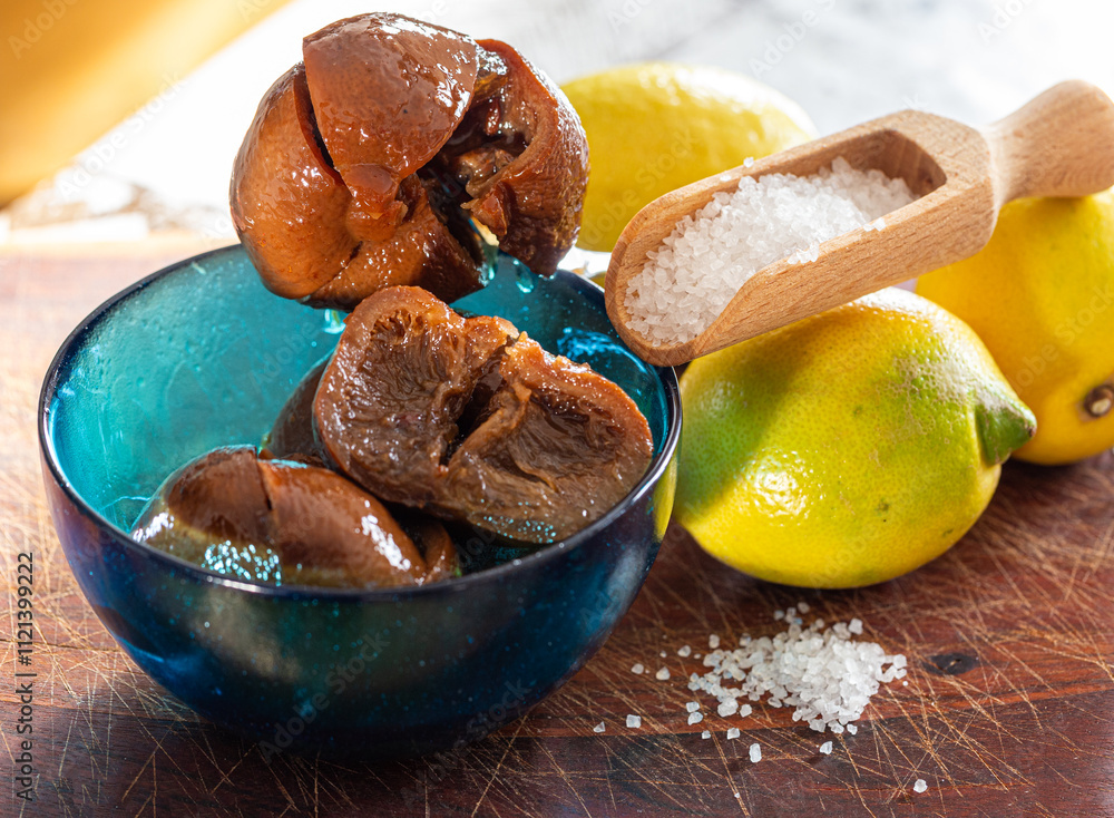 Lemons preserved in salt, in a glass bowl, ready to be enjoyed.