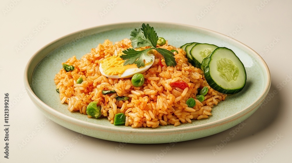 A colorful plate of fried rice garnished with a boiled egg, peas, and cucumber slices, set against a neutral background.