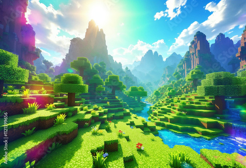 panorama of the mountains pixel cube world