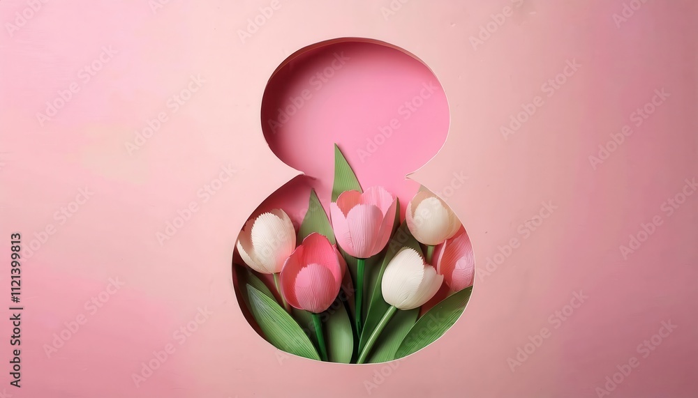 Fototapeta premium Elegant 8 March Women's Day Tulip Arrangement with Pink Cutout Silhouette and Copy Space. Perfect for Celebrating Spring, Feminine Beauty, and Empowerment in Greeting Cards, Posters, and Ads