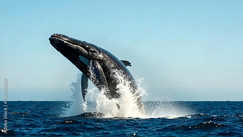 Fototapeta premium Majestic Humpback Whale Breaching The Surface Of The Ocean