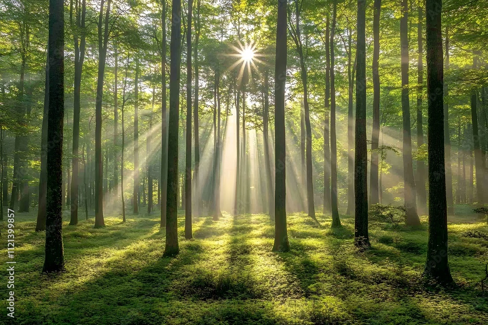 Obraz premium Misty forest with sun rays