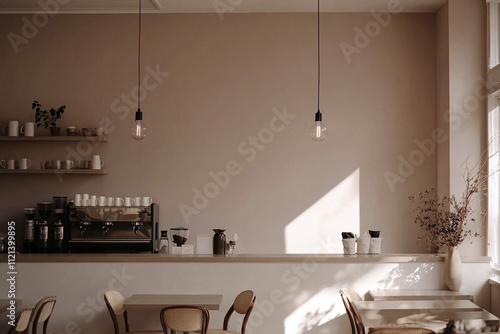 A warm and inviting coffee shop interior featuring minimalist decor and soft lighting. The cozy ambiance is enhanced by natural elements, creating a relaxing and welcoming atmosphere.