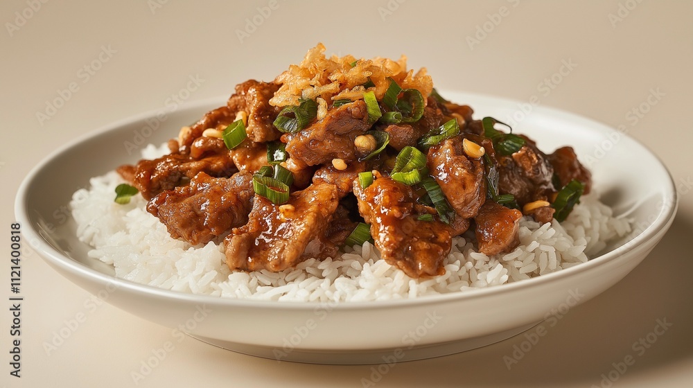 A plate of rice topped with savory meat, garnished with green onions and crispy bits, showcasing delicious Asian cuisine. A plate of rice topped with savory meat, garnished with green onions and crispy bits, showcasing delicious Asian cuisine.