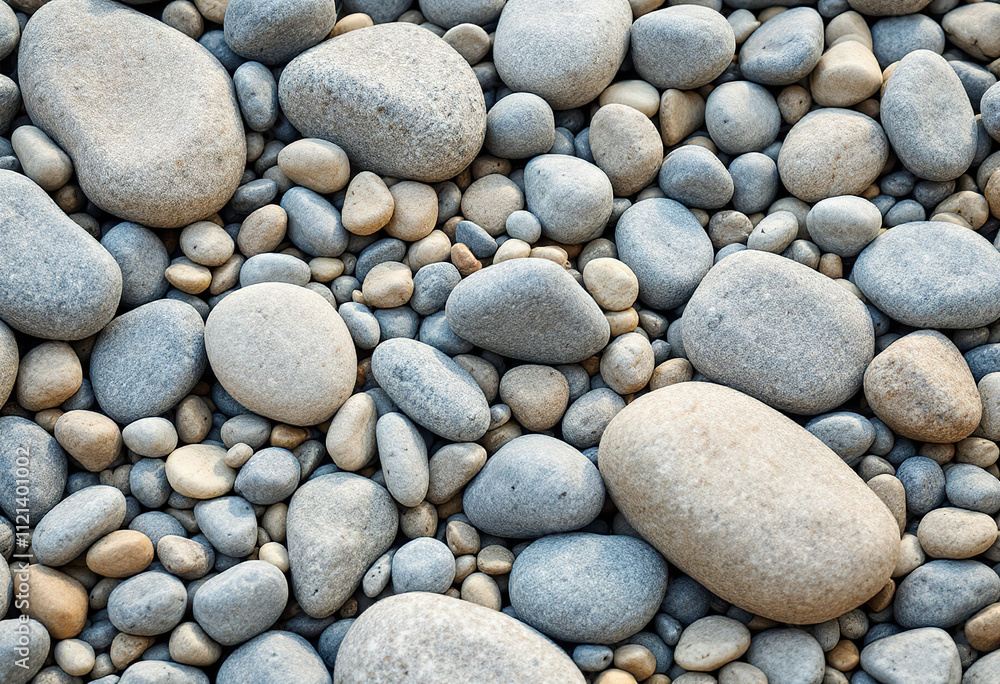 Smooth, rounded river rocks in various shades of gray and beige, with some pebbles and stones of different sizes and shapes Smooth, rounded river rocks in various shades of gray and beige, with some pebbles and stones of different sizes and shapes