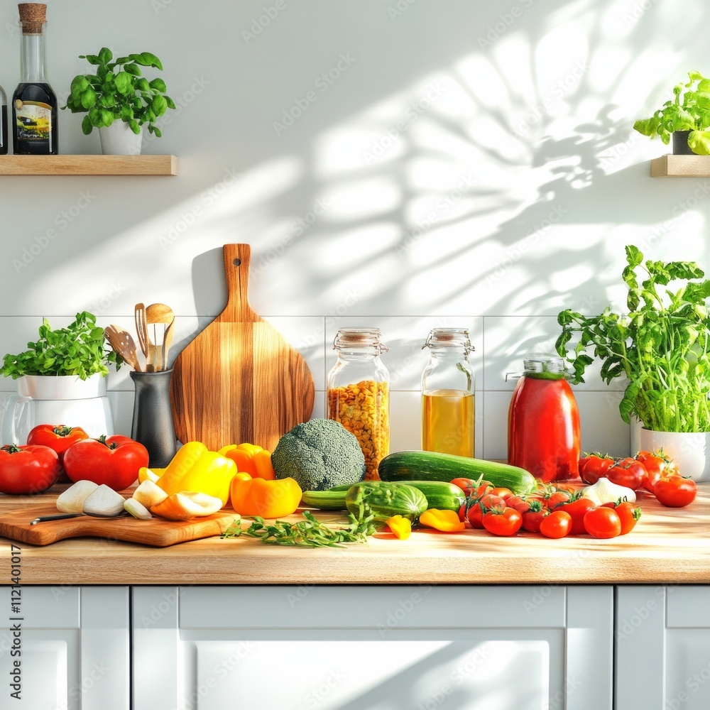 Colorful fresh vegetables and herbs on modern kitchen countertop Colorful fresh vegetables and herbs on modern kitchen countertop