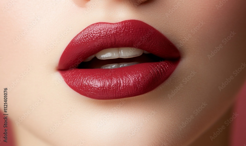 Fototapeta premium Close-up of full, glossy lips with deep red lipstick.