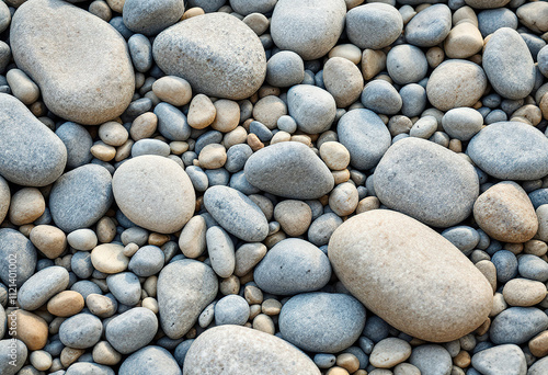 Smooth, rounded river rocks in various shades of gray and beige, with some pebbles and stones of different sizes and shapes