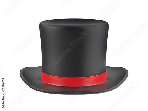 Black top hat with red ribbon on transparent background