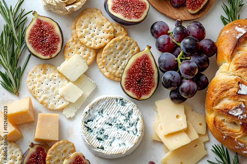Overhead view of cheese, crackers, figs, grapes, and bread. Overhead view of cheese, crackers, figs, grapes, and bread.