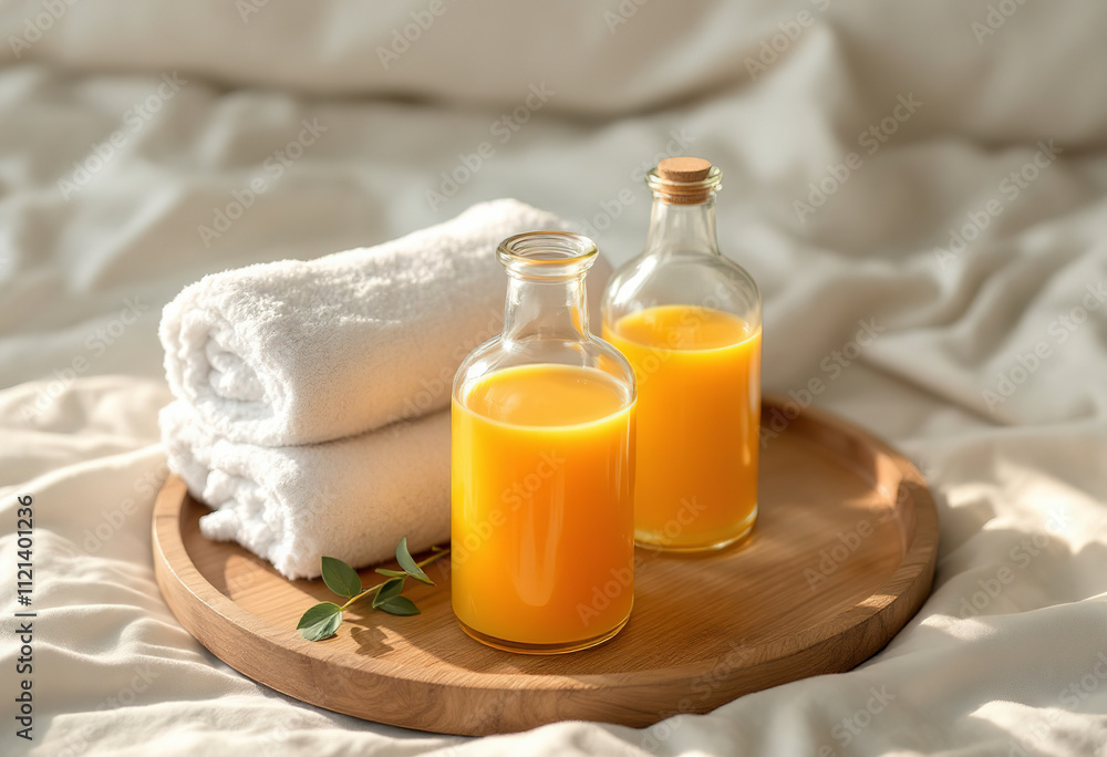 Two glass bottles filled with yellow and orange liquids, placed on a wooden tray along with white towels Two glass bottles filled with yellow and orange liquids, placed on a wooden tray along with white towels