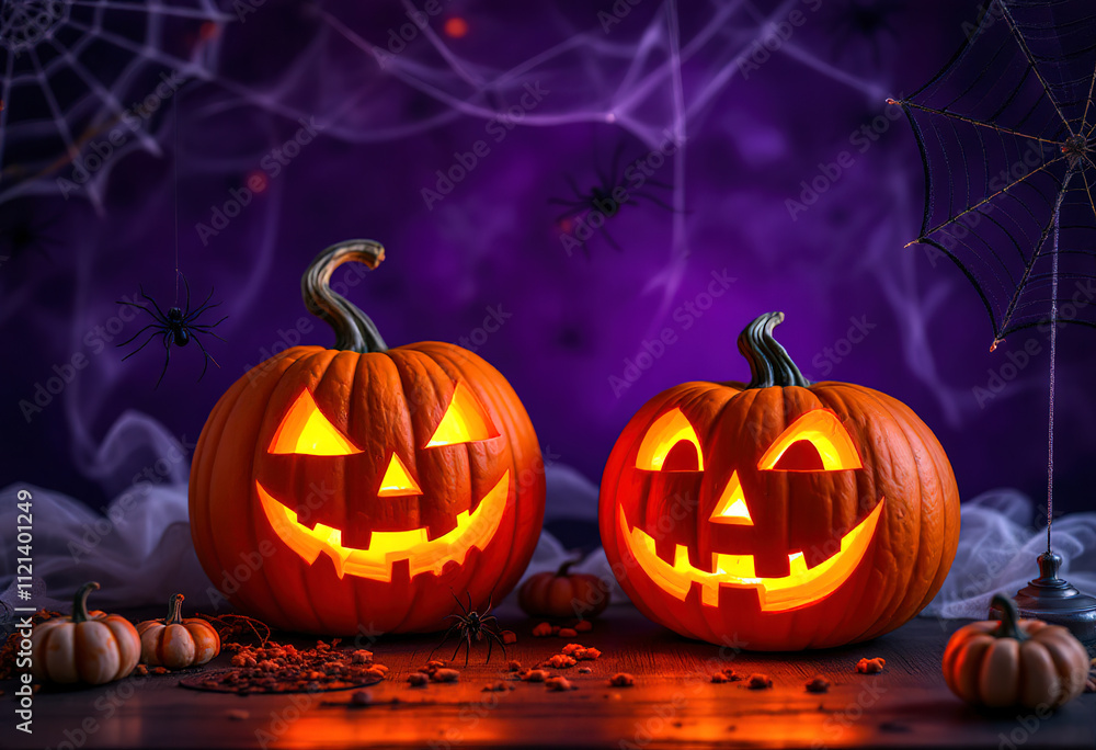Two carved pumpkins with glowing faces, Halloween decorations including spider webs and a Happy Halloween banner on a purple background Two carved pumpkins with glowing faces, Halloween decorations including spider webs and a Happy Halloween banner on a purple background