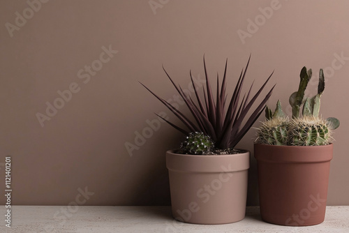 Potted Cactus and Succulent Plants Against a Neutral Brown Background