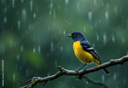 A black and yellow bird perched on a branch in a blurry, rainy environment