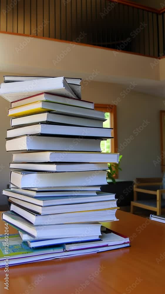 Piled books on a wooden table in a well-lit reading area during daytime Piled books on a wooden table in a well-lit reading area during daytime