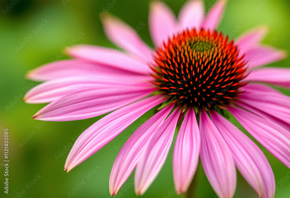 A close-up of a vibrant pink coneflower with its distinctive spiky center and soft, delicate petals against a blurred green background A close-up of a vibrant pink coneflower with its distinctive spiky center and soft, delicate petals against a blurred green background