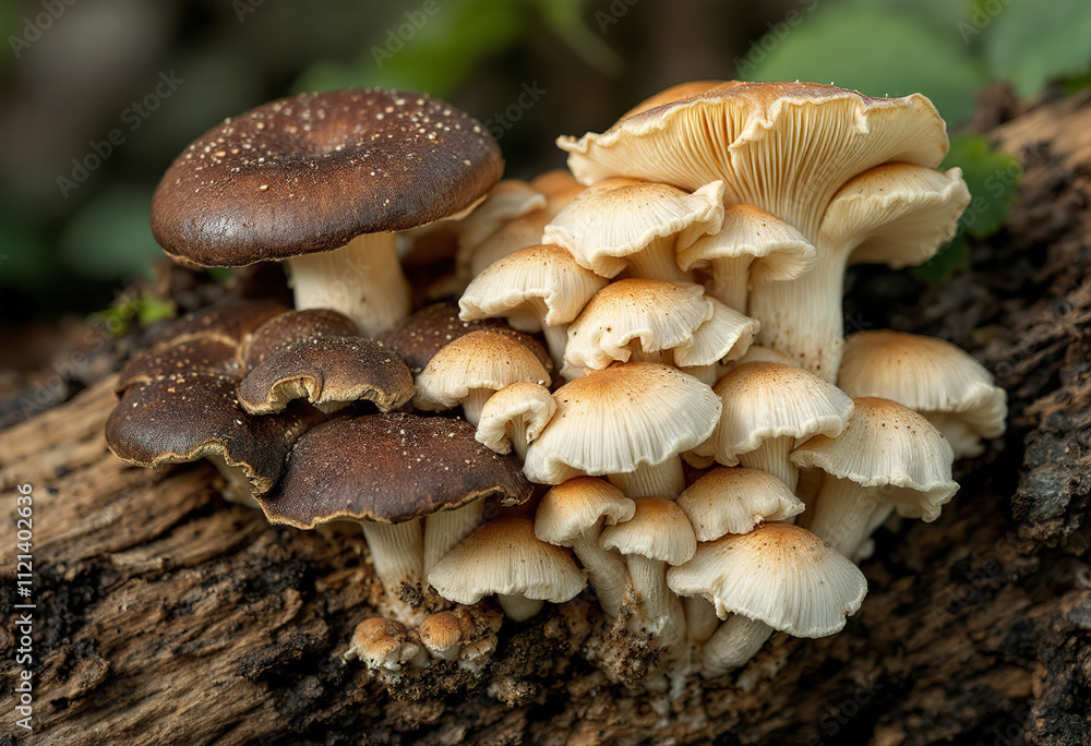 A cluster of various mushrooms, including large brown and white mushrooms with gills visible, growing on a decaying log or wood A cluster of various mushrooms, including large brown and white mushrooms with gills visible, growing on a decaying log or wood