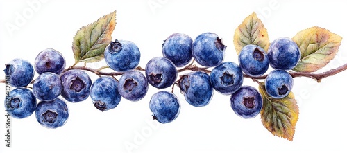 A watercolor painting of a branch laden with ripe blueberries. The deep blue hues and detailed leaves create a visually appealing image.