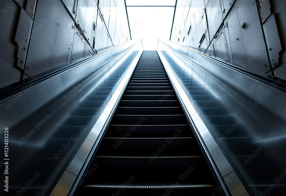 A long escalator with a silver metallic finish, leading up to a bright, illuminated space above A long escalator with a silver metallic finish, leading up to a bright, illuminated space above