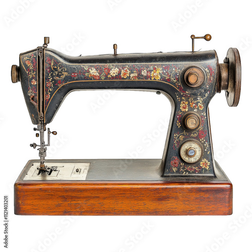 Vintage sewing machine with floral design and wooden base isolated on transparent background png