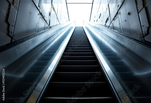 A long escalator with a silver metallic finish, leading up to a bright, illuminated space above