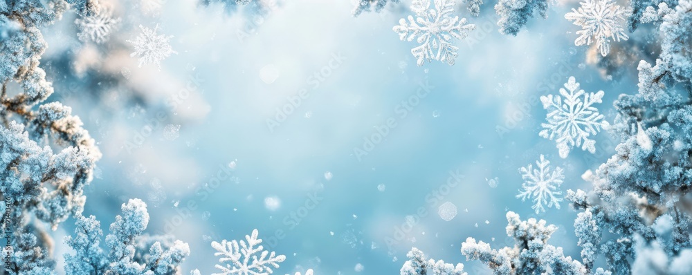 Frosty winter snowflake border with icy blue background and pine branches Frosty winter snowflake border with icy blue background and pine branches