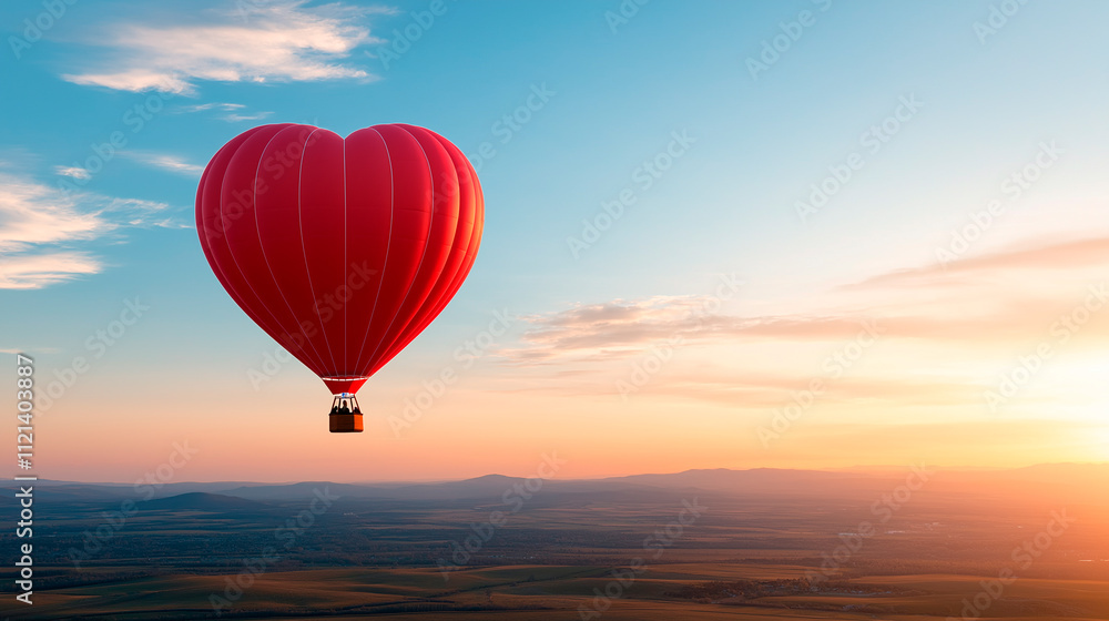 Fototapeta premium A heart-shaped hot air balloon floating over a countryside at sunrise.