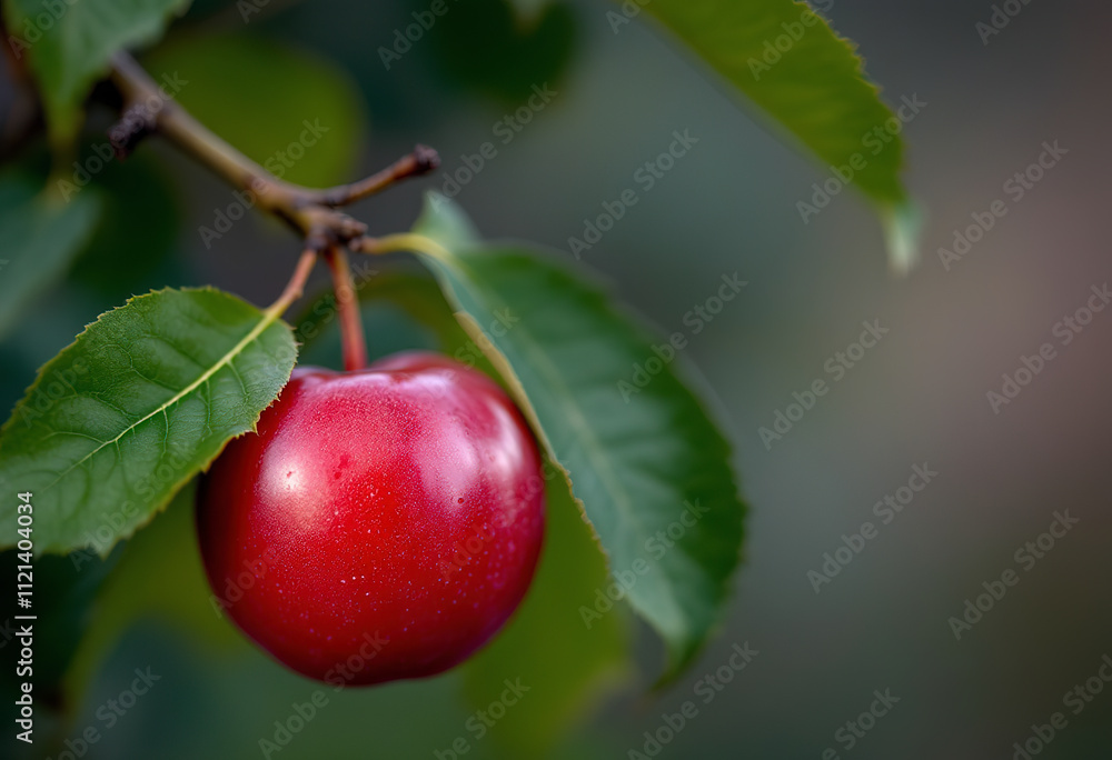 A ripe, red plum with green leaves attached A ripe, red plum with green leaves attached
