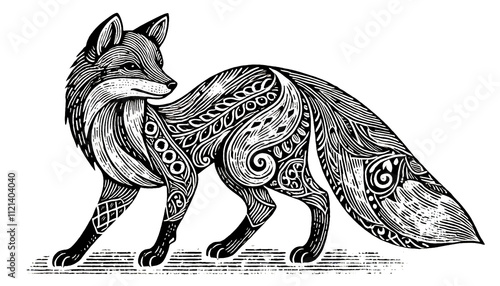 Intricate Black and White Fox Illustration with Decorative Patterns photo