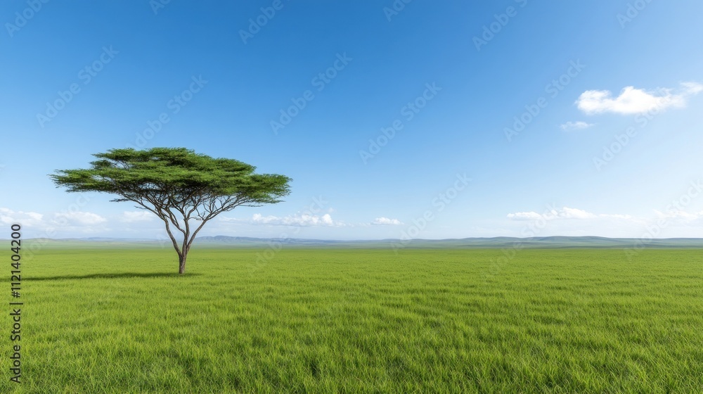 Obraz premium A solitary tree stands in a vast green field under a clear sky.