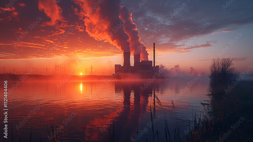 Nuclear power plant after sunset. Dusk landscape with big chimneys. Nuclear power plant after sunset. Dusk landscape with big chimneys.