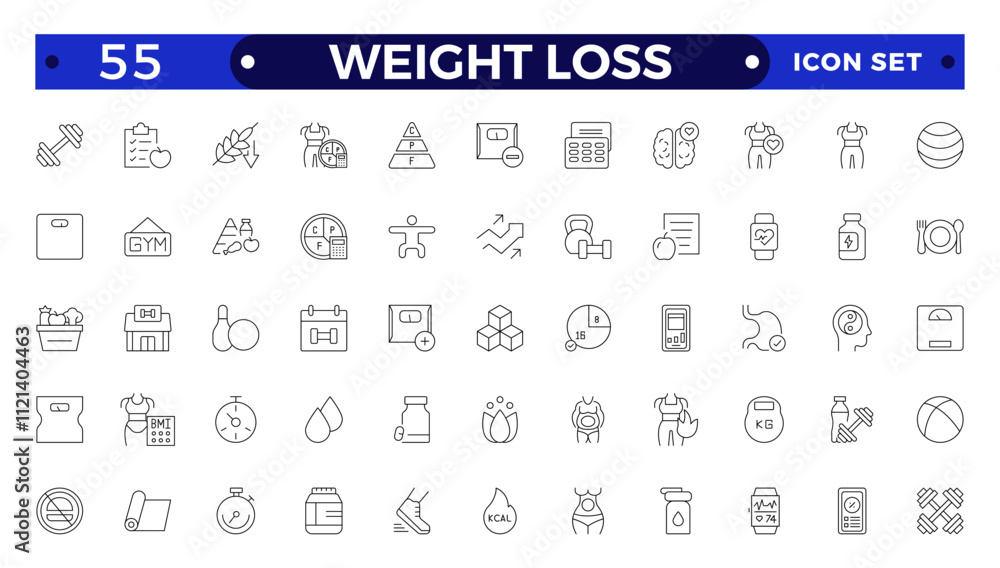 Weight Loss icon set. Containing healthy lifestyle, weight training, body care and workout or exercise equipment icons. Weight Loss icon set. Containing healthy lifestyle, weight training, body care and workout or exercise equipment icons.