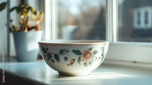 Sunlight bathes a delicate floral bowl resting on a windowsill, its intricate design blooming with life amidst the tranquil ambiance of a quiet room. photo