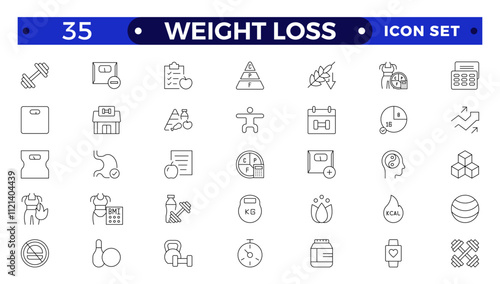 Weight Loss icon set. Containing healthy lifestyle, weight training, body care and workout or exercise equipment icons.