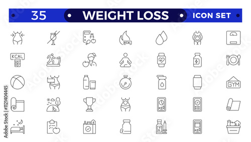 Weight Loss icon set. Containing healthy lifestyle, weight training, body care and workout or exercise equipment icons.