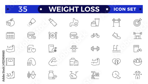 Weight Loss icon set. Containing healthy lifestyle, weight training, body care and workout or exercise equipment icons.
