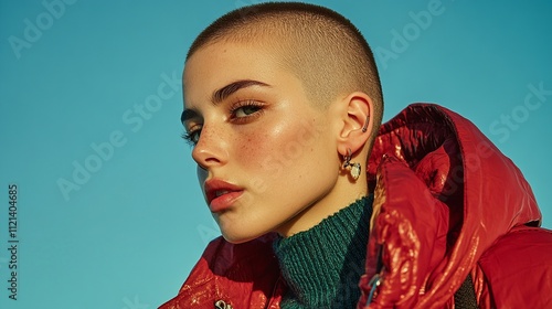 Bold Confidence: A young woman with a shaved head exudes self-assuredness, wearing a vibrant red puffer jacket against a bright blue backdrop. Her gaze is direct. photo