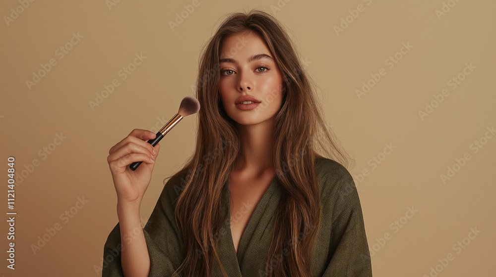 Obraz premium Elegant Woman Holding Makeup Brush in Minimalist Studio Portrait