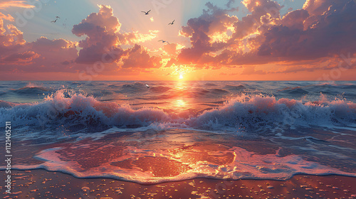 Ocean Waves at Sunset on Tropical Beach