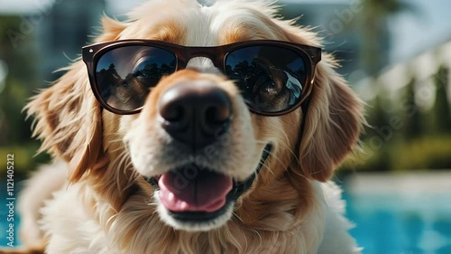 funny video dog sunglasses summer swimming pool eyewear goggles sun tanning 4k cation animal border collie female fun lady leisure pet poolside portrait  