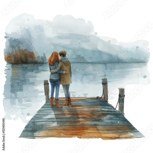 romantic couple on lake dock vector illustration in watercolor style