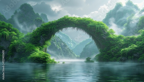 Lush Green Mountains Frame A Natural Stone Arch Over Water photo