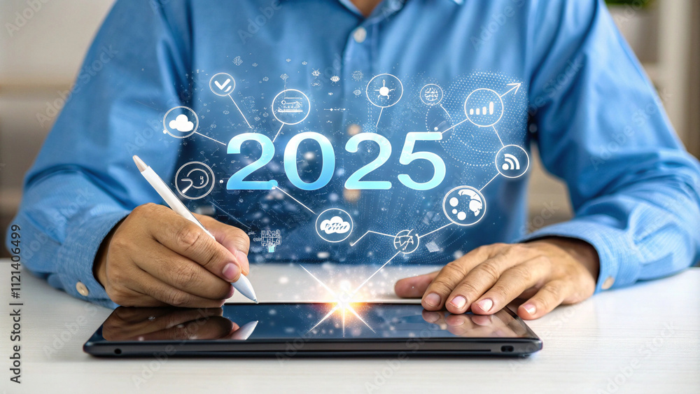 Businessman plan strategy marketing and finance to goal in 2025 planning business growth with technology AI and environmental care to New Year resolutions business. digital transformation 2025 Businessman plan strategy marketing and finance to goal in 2025 planning business growth with technology AI and environmental care to New Year resolutions business. digital transformation 2025