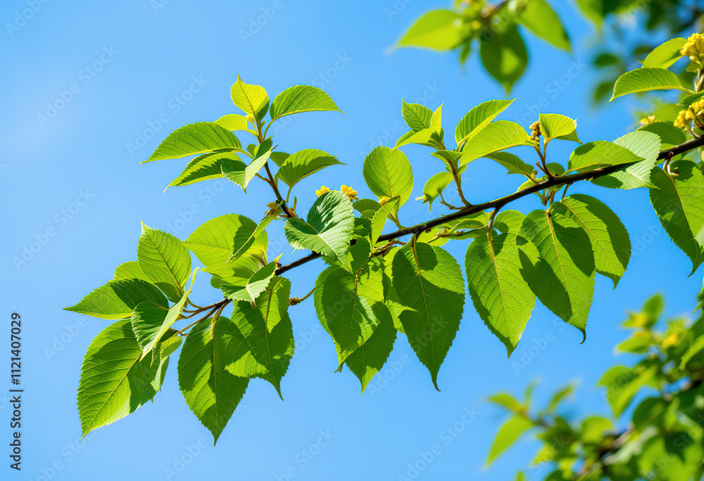 Green leaves and yellow flowers on a tree branch against a blue sky Green leaves and yellow flowers on a tree branch against a blue sky