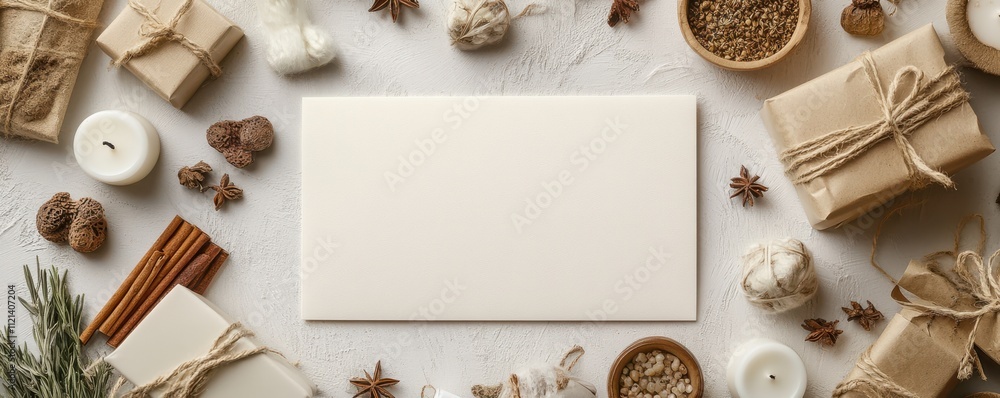 Top view of a blank white A5 card surrounded by rustic holiday decor including gifts, candles, and spices on a light wooden table Top view of a blank white A5 card surrounded by rustic holiday decor including gifts, candles, and spices on a light wooden table