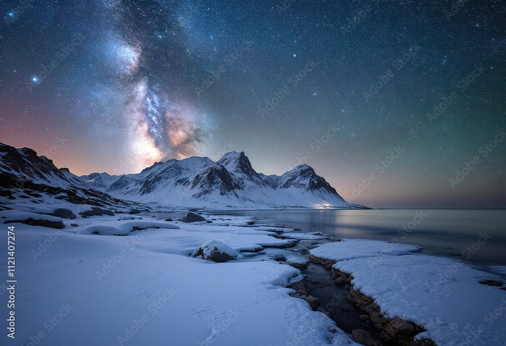 Milky Way above frozen sea coast and snow covered mountains in winter at night Milky Way above frozen sea coast and snow covered mountains in winter at night
