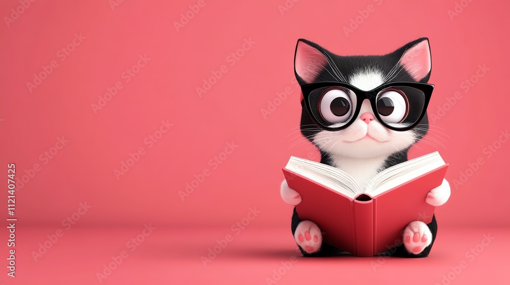 Fototapeta premium A cartoon cat in glasses reads a red book.